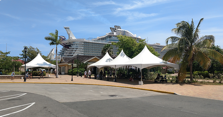 Pinnacle Series High Peak Cross Cable Frame Tents setup for outdoor market in Jamaica